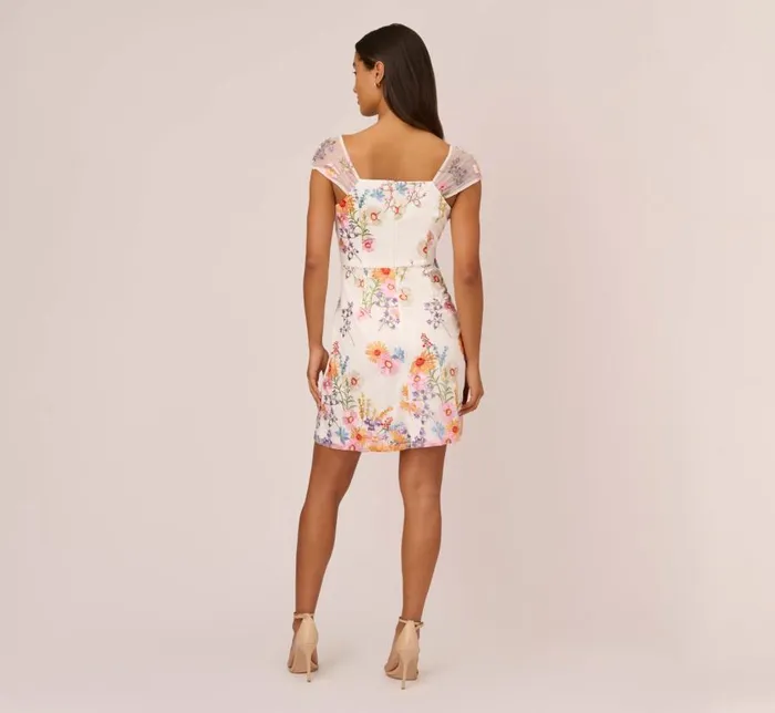 Short Dresses Womens Adrianna Papell Multicolor Floral Embroidered Dress With Sheer Cap Sleeves In Ivory Multi