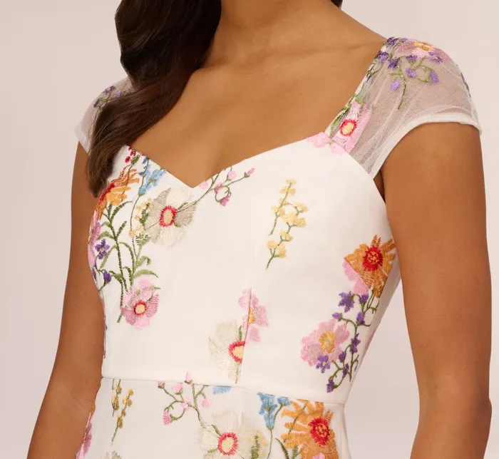 Short Dresses Womens Adrianna Papell Multicolor Floral Embroidered Dress With Sheer Cap Sleeves In Ivory Multi