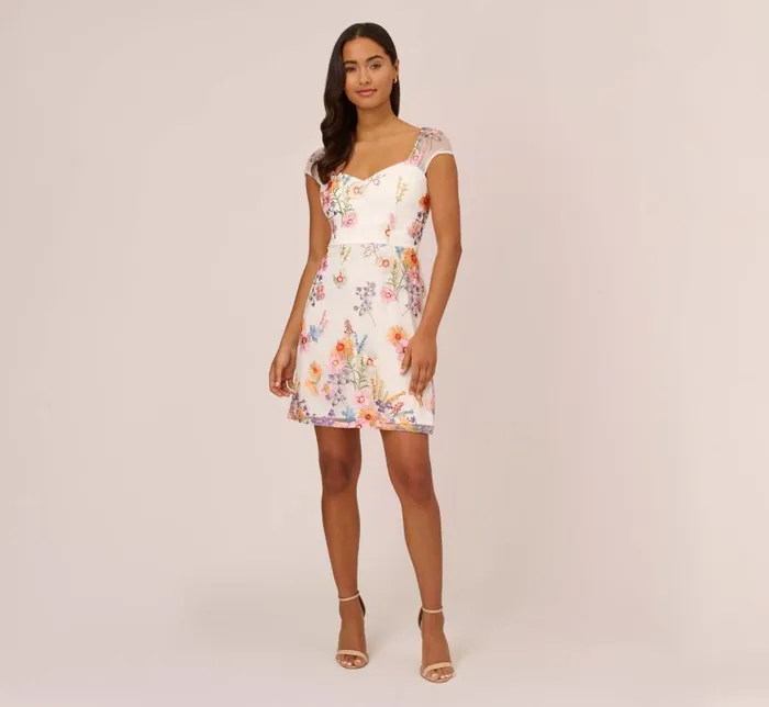 Short Dresses Womens Adrianna Papell Multicolor Floral Embroidered Dress With Sheer Cap Sleeves In Ivory Multi