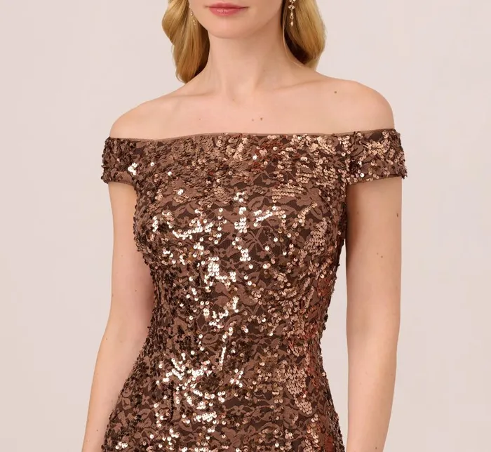 Short Dresses Womens Adrianna Papell Off The Shoulder Sequin Lace Dress In Copper