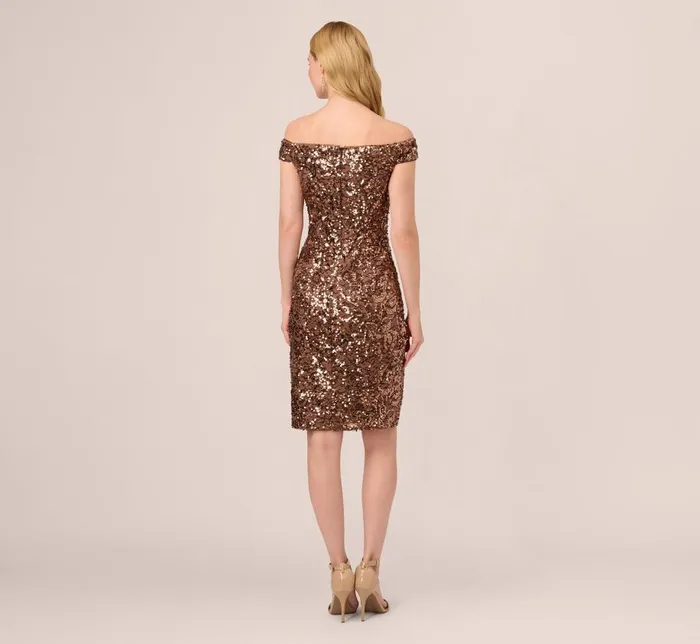 Short Dresses Womens Adrianna Papell Off The Shoulder Sequin Lace Dress In Copper