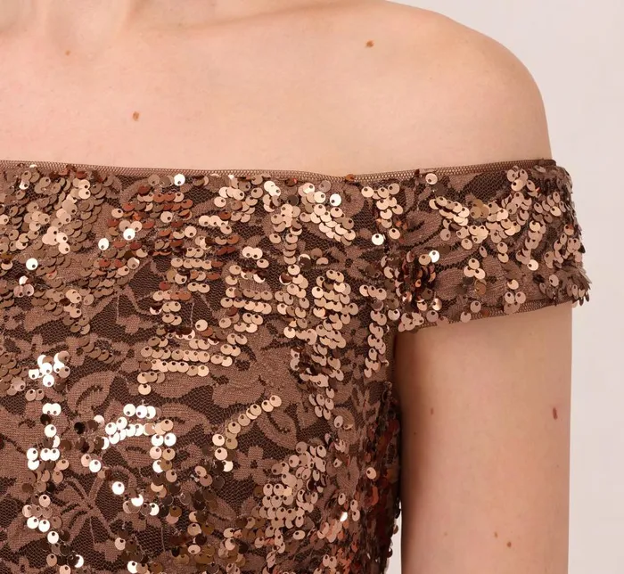 Short Dresses Womens Adrianna Papell Off The Shoulder Sequin Lace Dress In Copper