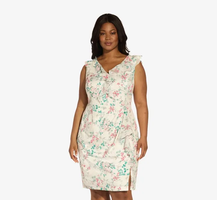 Short Dresses Womens Adrianna Papell Plus Size FloralPrint TwillChiffon Ruffled Short Sheath Dress In Alabaster Multi Short Dresses Womens Adrianna Papell Plus Size FloralPrint TwillChiffon Ruffled Short Sheath Dress In Alabaster Multi