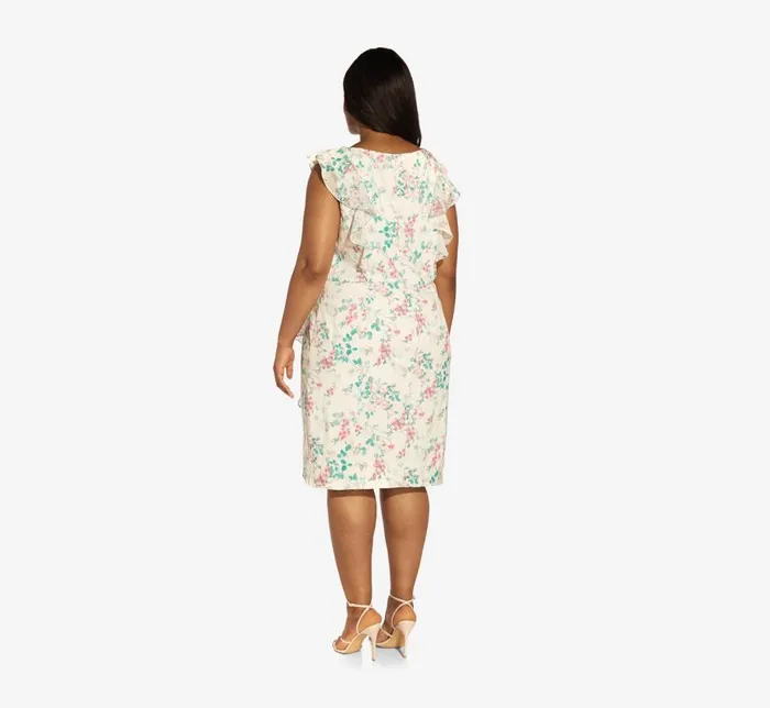 Short Dresses Womens Adrianna Papell Plus Size FloralPrint TwillChiffon Ruffled Short Sheath Dress In Alabaster Multi