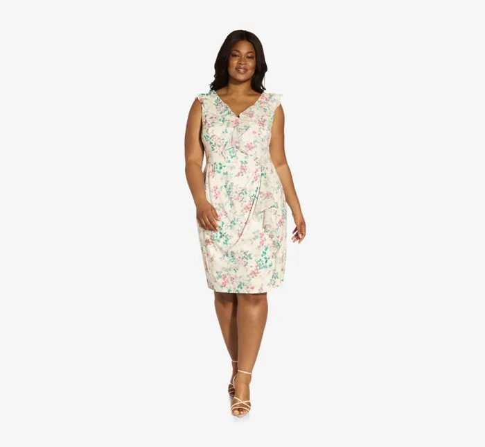 Short Dresses Womens Adrianna Papell Plus Size FloralPrint TwillChiffon Ruffled Short Sheath Dress In Alabaster Multi