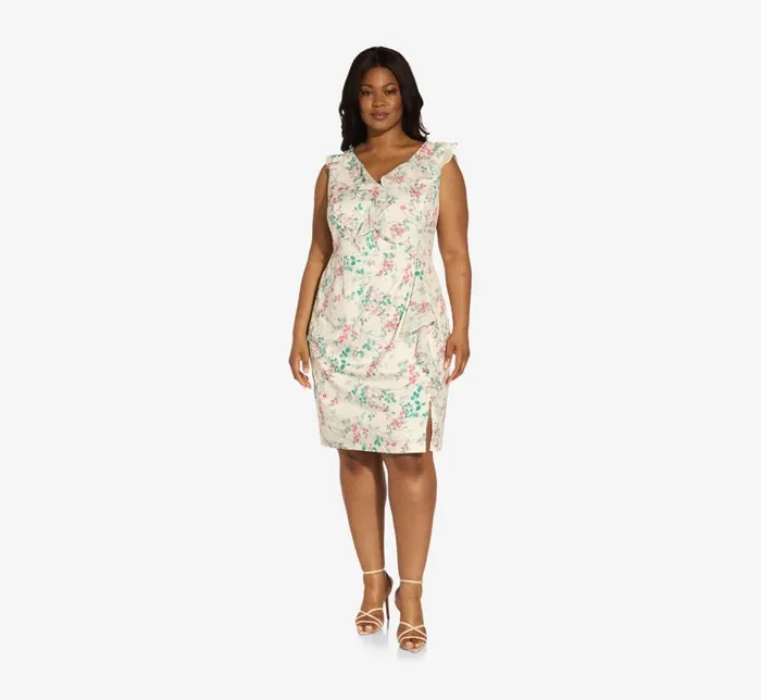 Short Dresses Womens Adrianna Papell Plus Size FloralPrint TwillChiffon Ruffled Short Sheath Dress In Alabaster Multi