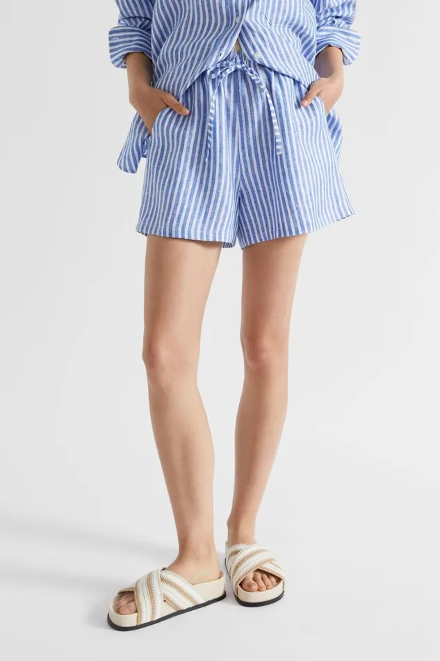 Shorts Woman Seed Heritage Linen Stripe Paperbag Short Deep Ocean Stripe