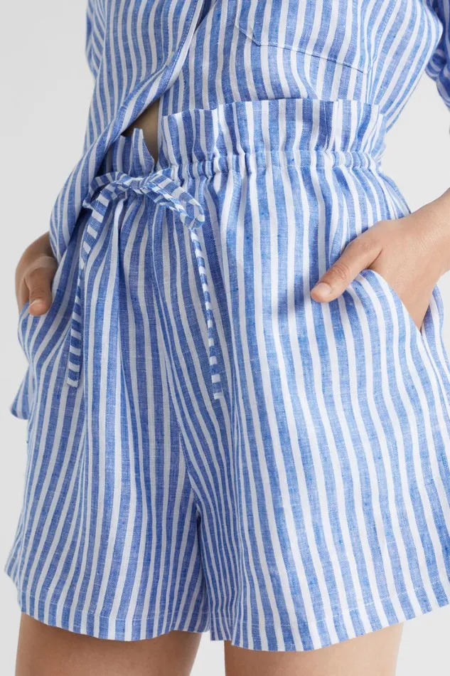 Shorts Woman Seed Heritage Linen Stripe Paperbag Short Deep Ocean Stripe