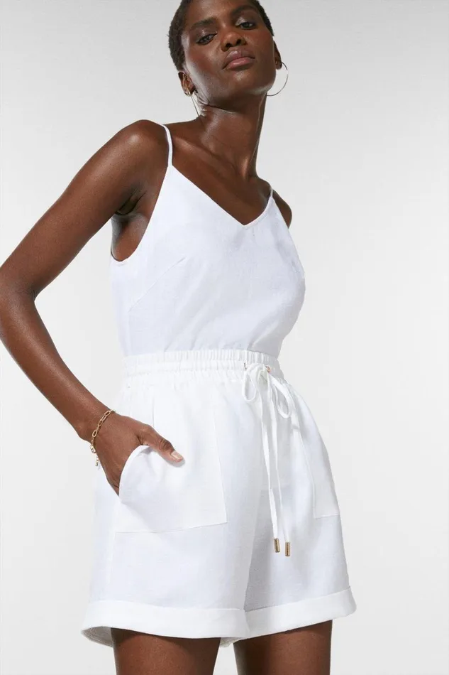 Shorts Women Karen Millen Linen Viscose Woven Rib Waist Shorts White
