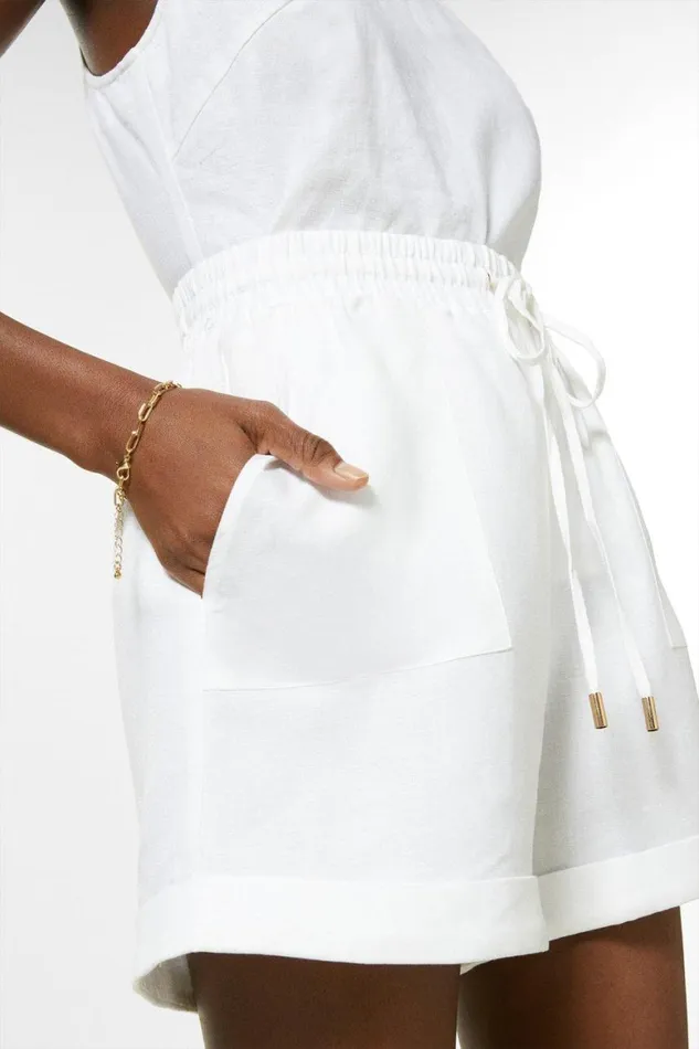 Shorts Women Karen Millen Linen Viscose Woven Rib Waist Shorts White