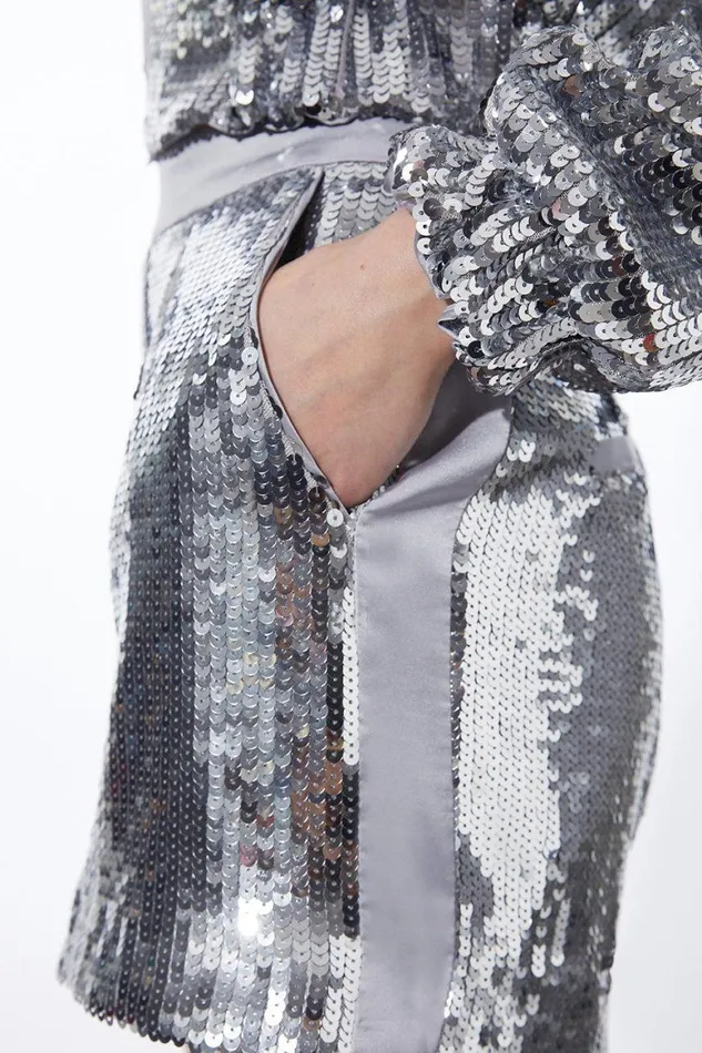 Shorts Women Karen Millen Sequin High Waisted Woven Shorts Silver