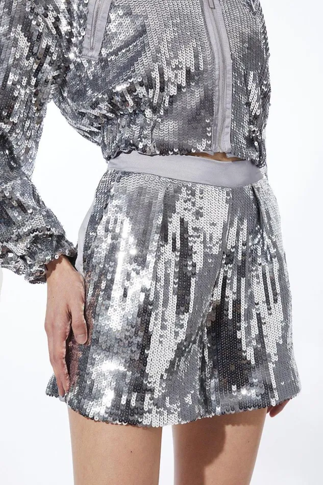 Shorts Women Karen Millen Sequin High Waisted Woven Shorts Silver