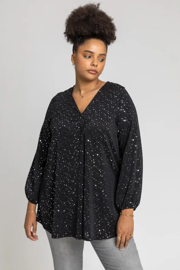 Silver Curve Pleat Front Sparkle Tunic Top Women Roman Tops