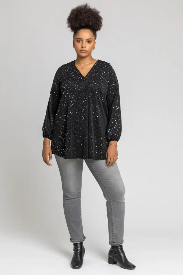 Silver Curve Pleat Front Sparkle Tunic Top Women Roman Tops