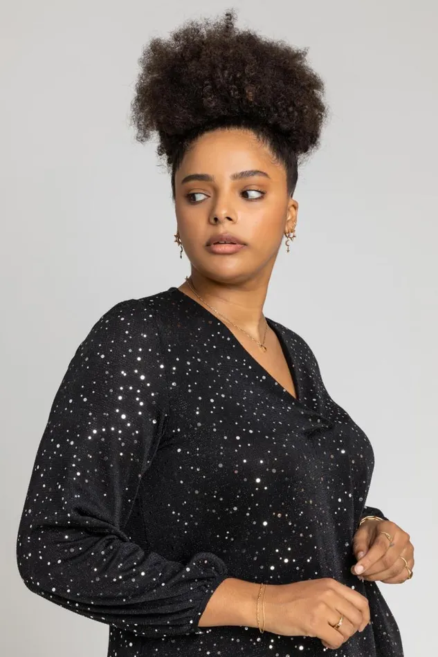 Silver Curve Pleat Front Sparkle Tunic Top Women Roman Tops