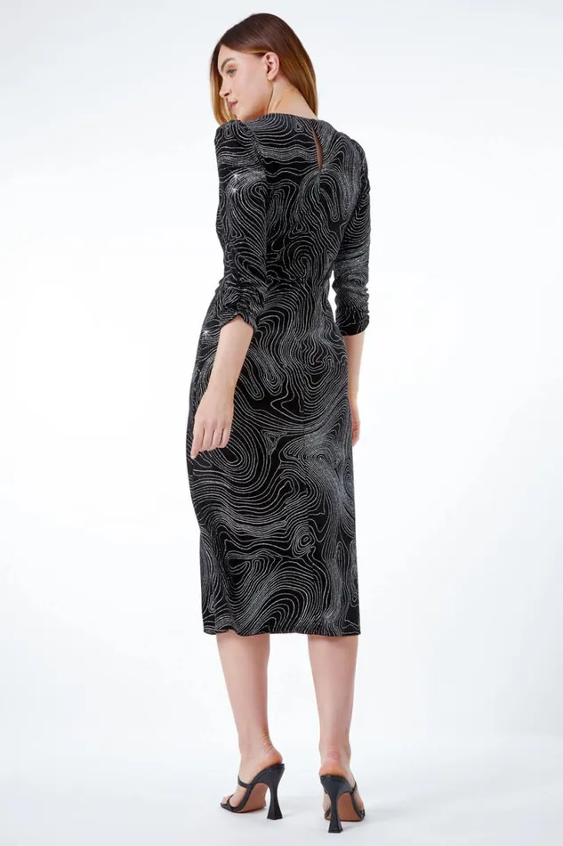 Silver Glitter Marble Print Ruched Velvet Dress Women Roman Dresses
