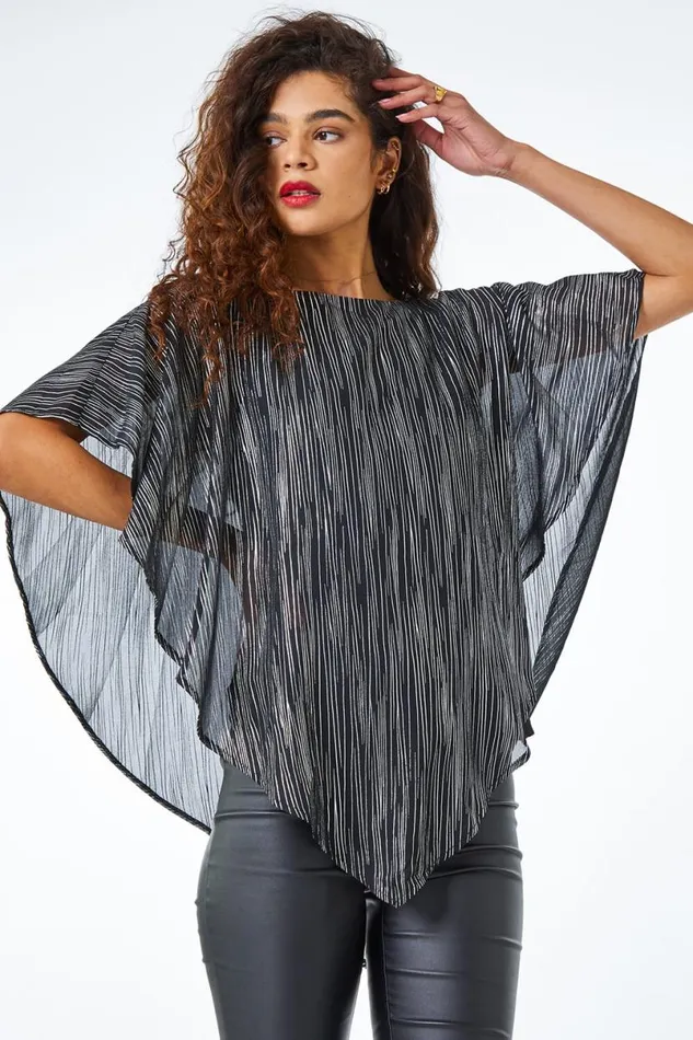 Silver Metallic Print Chiffon Overlay Top Women Roman Tops