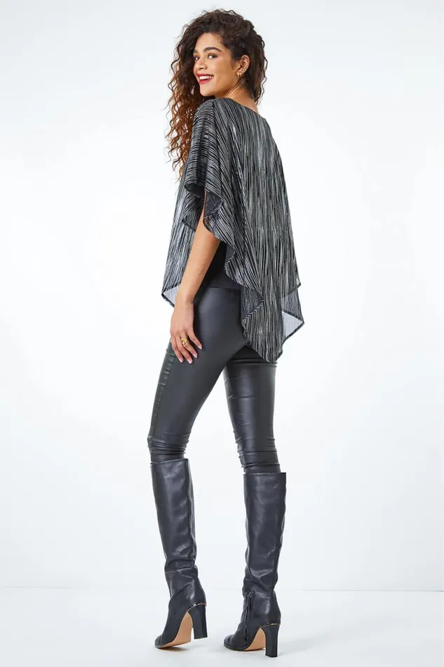 Silver Metallic Print Chiffon Overlay Top Women Roman Tops
