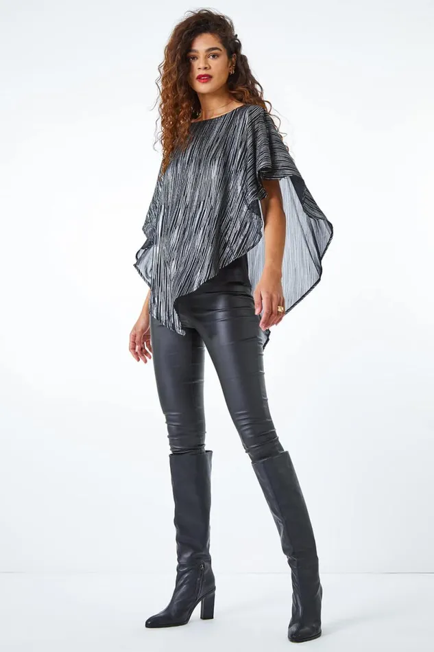 Silver Metallic Print Chiffon Overlay Top Women Roman Tops