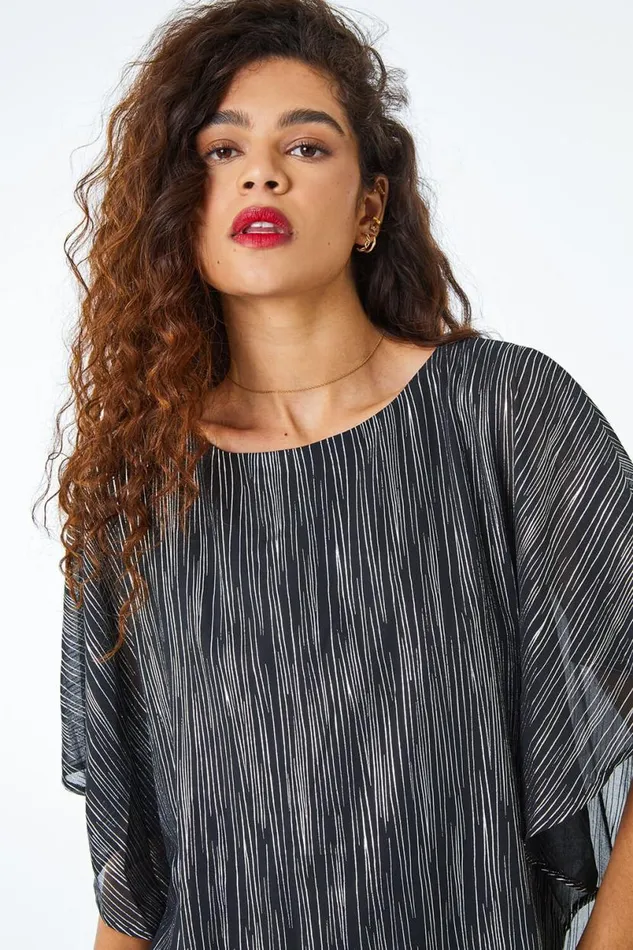 Silver Metallic Print Chiffon Overlay Top Women Roman Tops