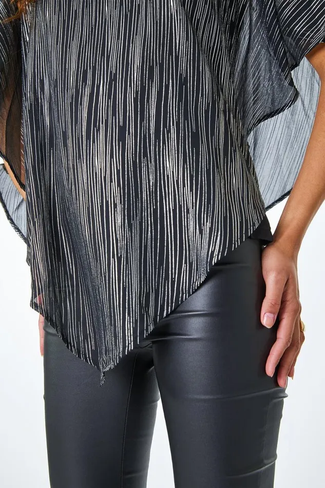 Silver Metallic Print Chiffon Overlay Top Women Roman Tops