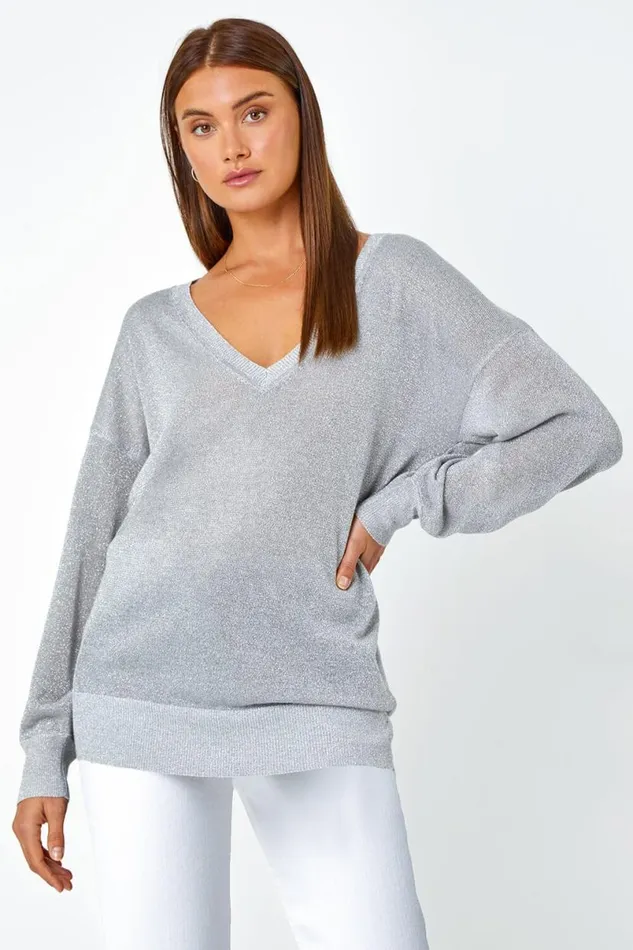 Silver Relaxed Stretch Shimmer VNeck Jumper Women Roman Occasionwear