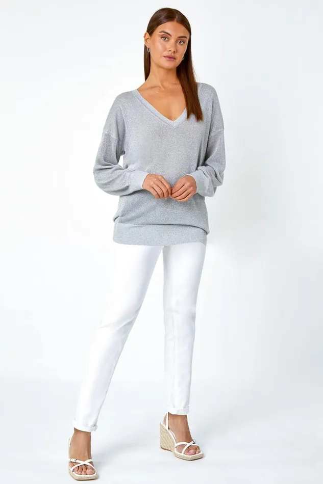 Silver Relaxed Stretch Shimmer VNeck Jumper Women Roman Occasionwear