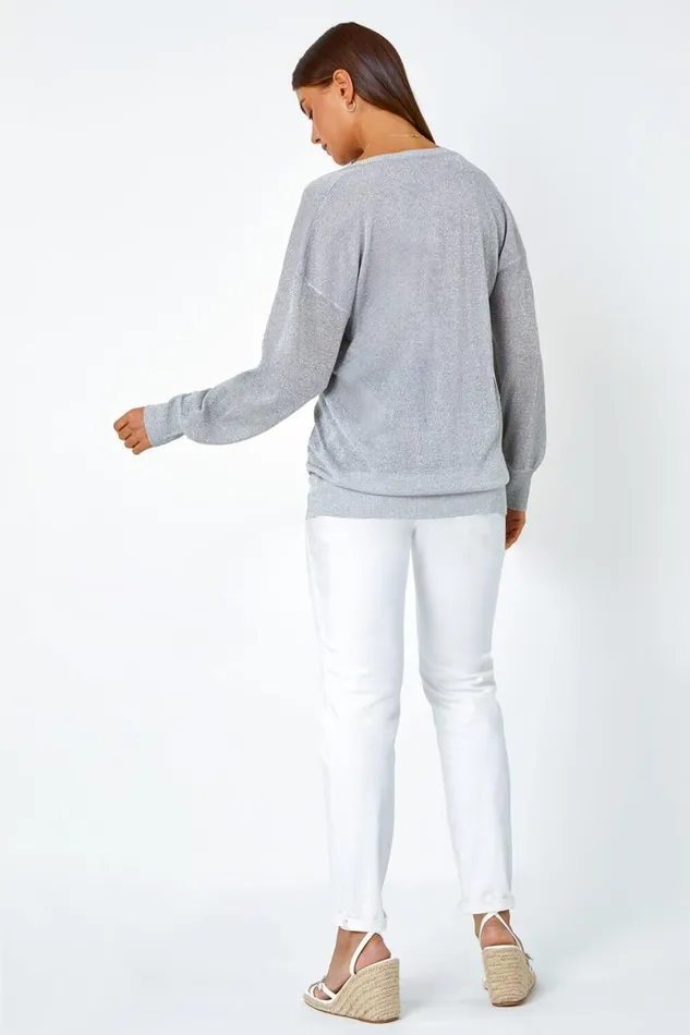 Silver Relaxed Stretch Shimmer VNeck Jumper Women Roman Occasionwear