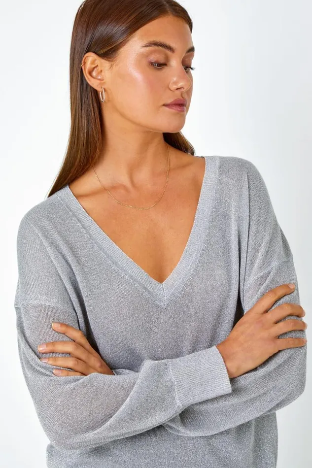 Silver Relaxed Stretch Shimmer VNeck Jumper Women Roman Occasionwear