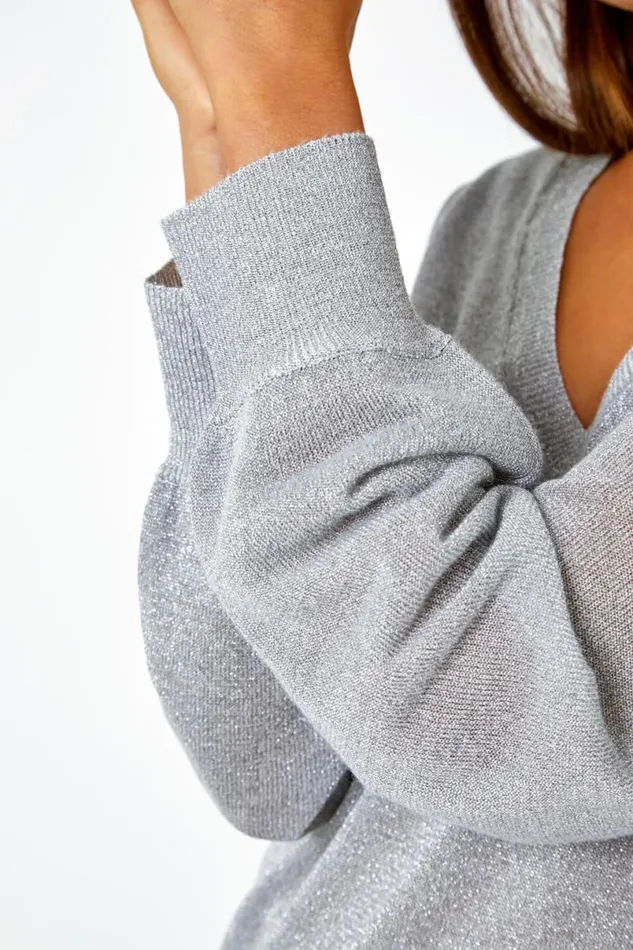 Silver Relaxed Stretch Shimmer VNeck Jumper Women Roman Occasionwear