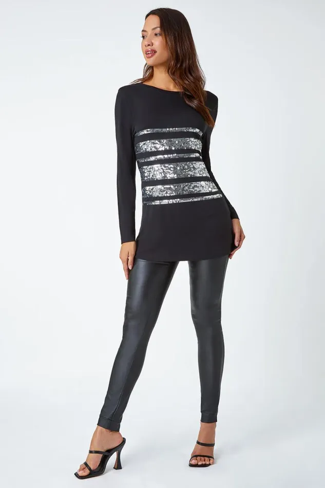 Silver Sequin Detail Stretch Tunic Top Women Roman Tops