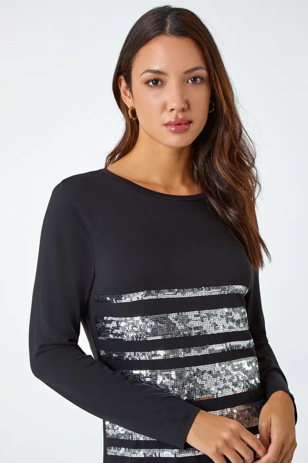 Silver Sequin Detail Stretch Tunic Top Women Roman Tops