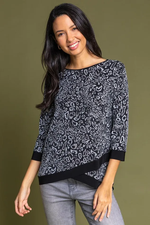 Silver Shimmer Animal Print Asymmetric Top Women Roman Tops