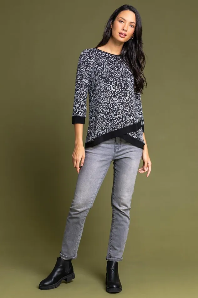 Silver Shimmer Animal Print Asymmetric Top Women Roman Tops