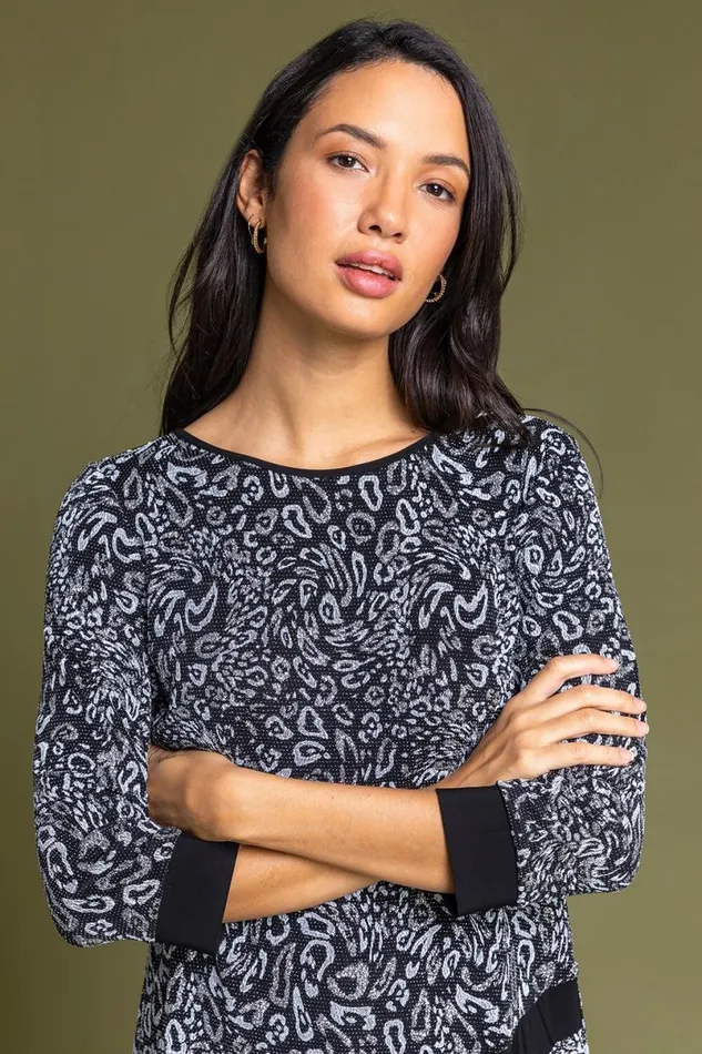 Silver Shimmer Animal Print Asymmetric Top Women Roman Tops