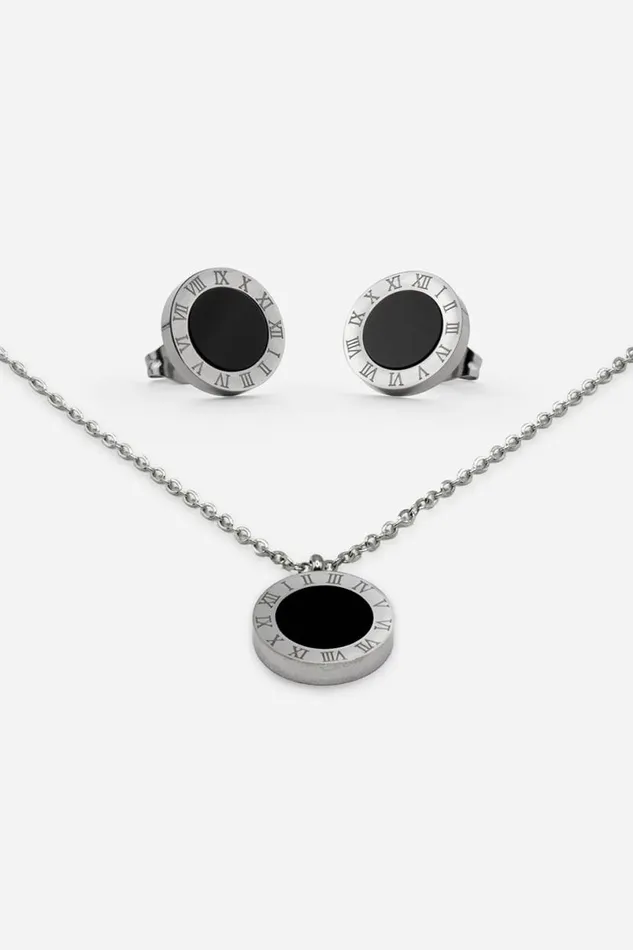 Silver Stainless Steel Clock Pendant And Earring Set Women Roman Jewellery