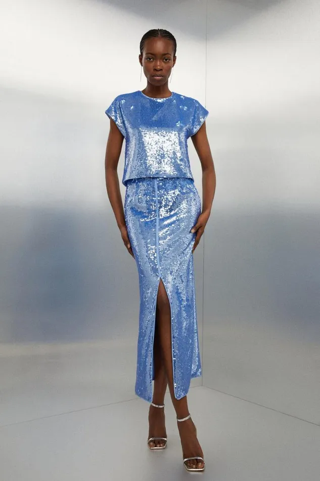 Skirts Women Karen Millen Blue Sequin Front Split Woven Midi Skirt Blue