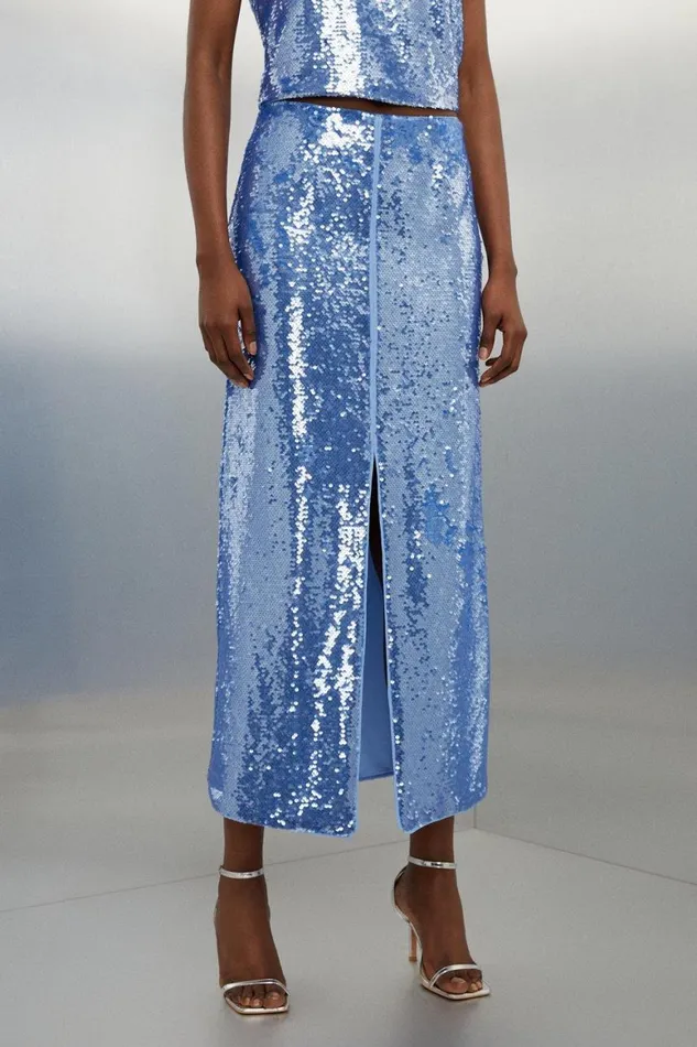 Skirts Women Karen Millen Blue Sequin Front Split Woven Midi Skirt Blue