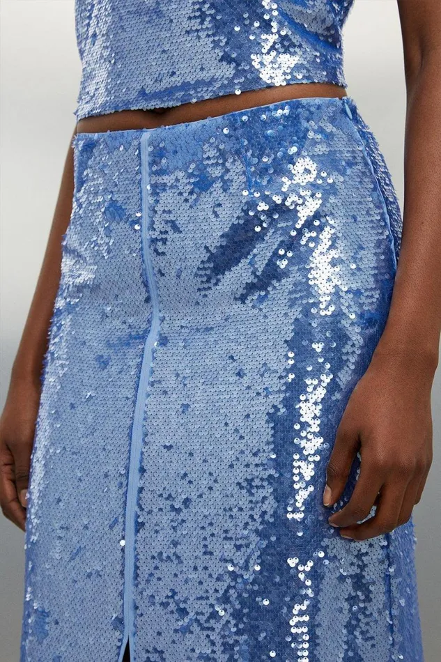 Skirts Women Karen Millen Blue Sequin Front Split Woven Midi Skirt Blue