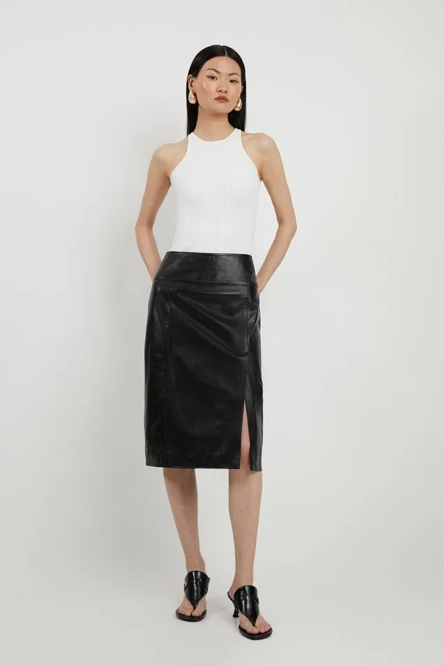 Skirts Women Karen Millen Leather Knee Length Pencil Skirt Black