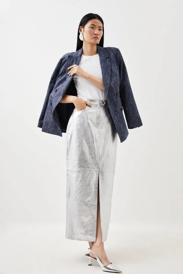 Skirts Women Karen Millen Leather Metallic 5 Pocket Maxi Skirt Silver