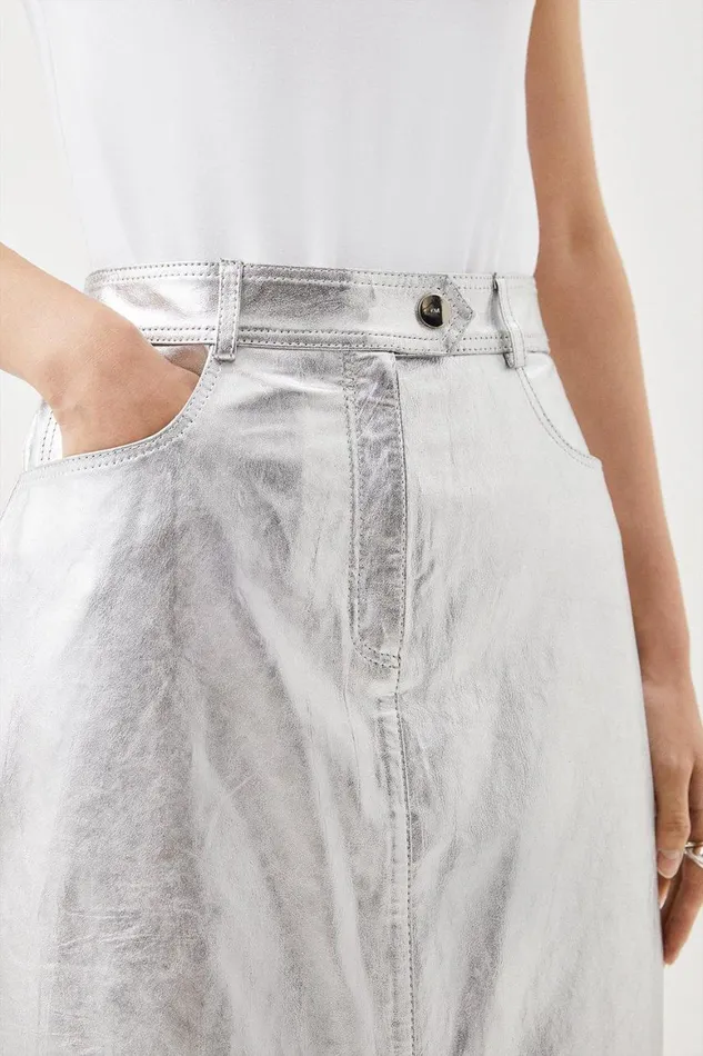 Skirts Women Karen Millen Leather Metallic 5 Pocket Maxi Skirt Silver