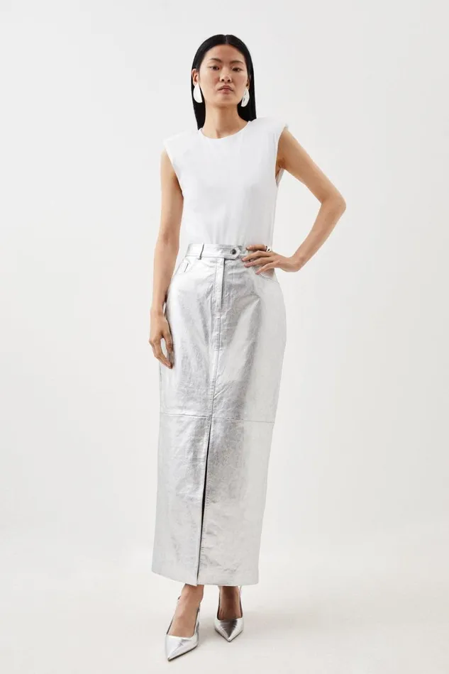 Skirts Women Karen Millen Leather Metallic 5 Pocket Maxi Skirt Silver