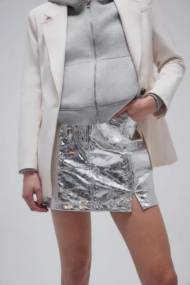 Skirts Women Karen Millen Metallic Faux Leather Mini Skirt Silver