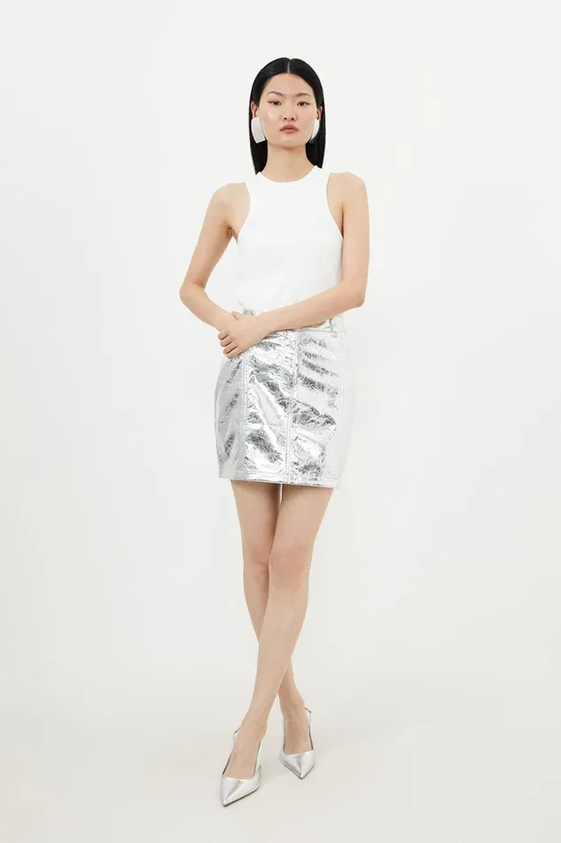 Skirts Women Karen Millen Metallic Faux Leather Mini Skirt Silver