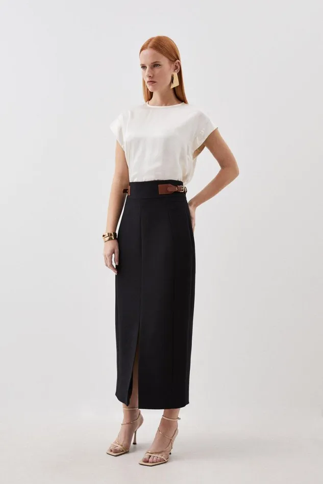Skirts Women Karen Millen Tailored Compact Stretch Tab Detail Midi Skirt Black