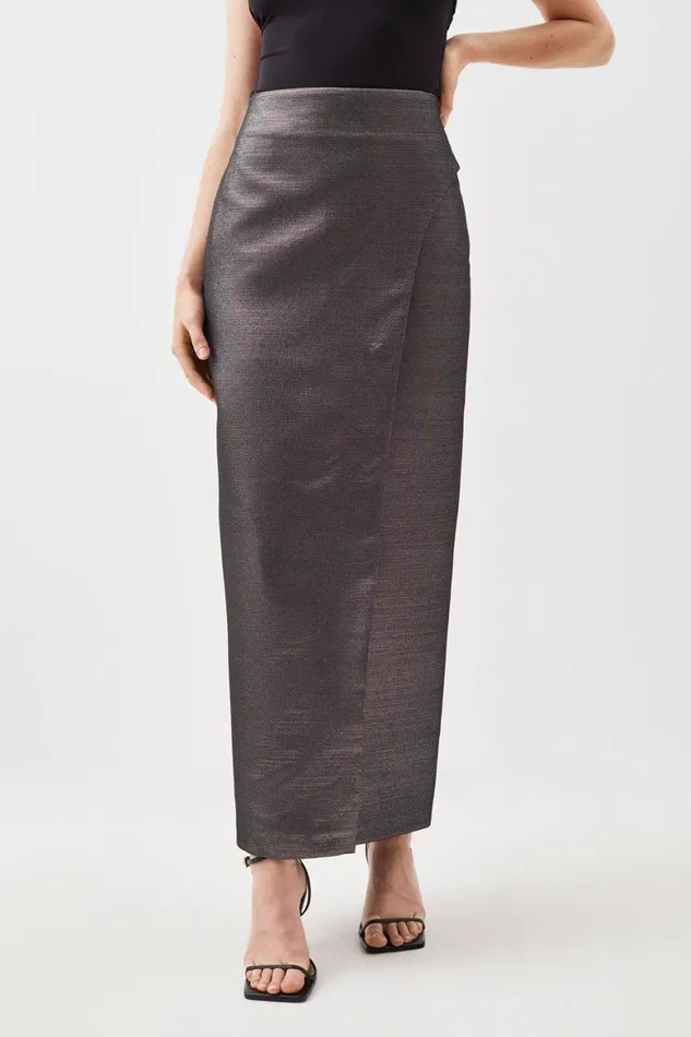 Skirts Women Karen Millen Tailored Metallic Wrap Detail Maxi Pencil Skirt Black