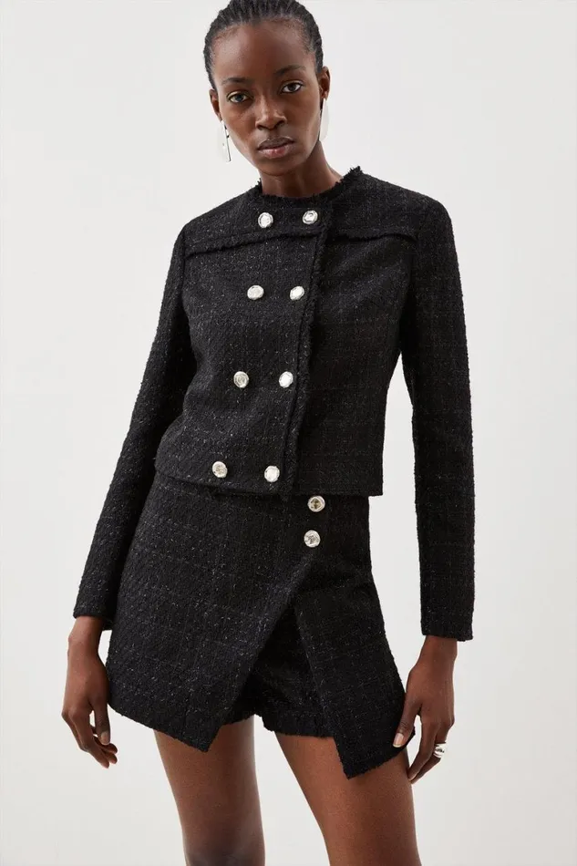 Skirts Women Karen Millen Tailored Sparkle Boucle Wrap Button Detail Skort Black Skirts Women Karen Millen Tailored Sparkle Boucle Wrap Button Detail Skort Black