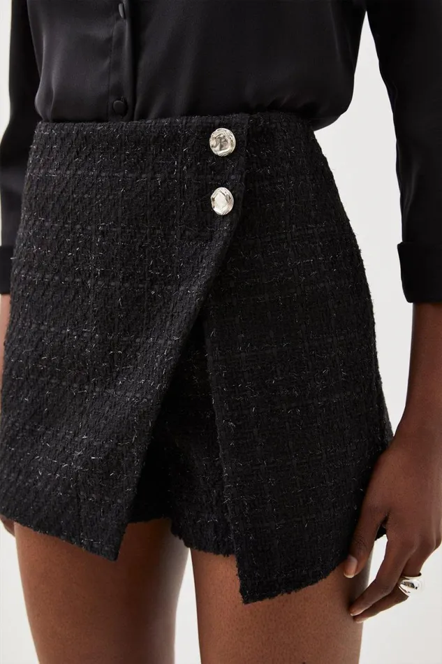 Skirts Women Karen Millen Tailored Sparkle Boucle Wrap Button Detail Skort Black