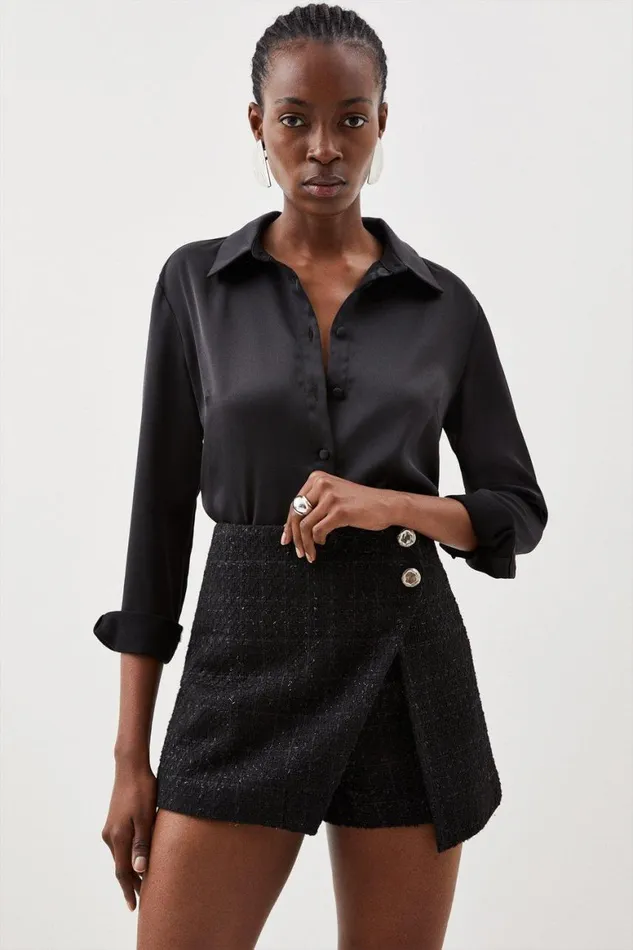 Skirts Women Karen Millen Tailored Sparkle Boucle Wrap Button Detail Skort Black